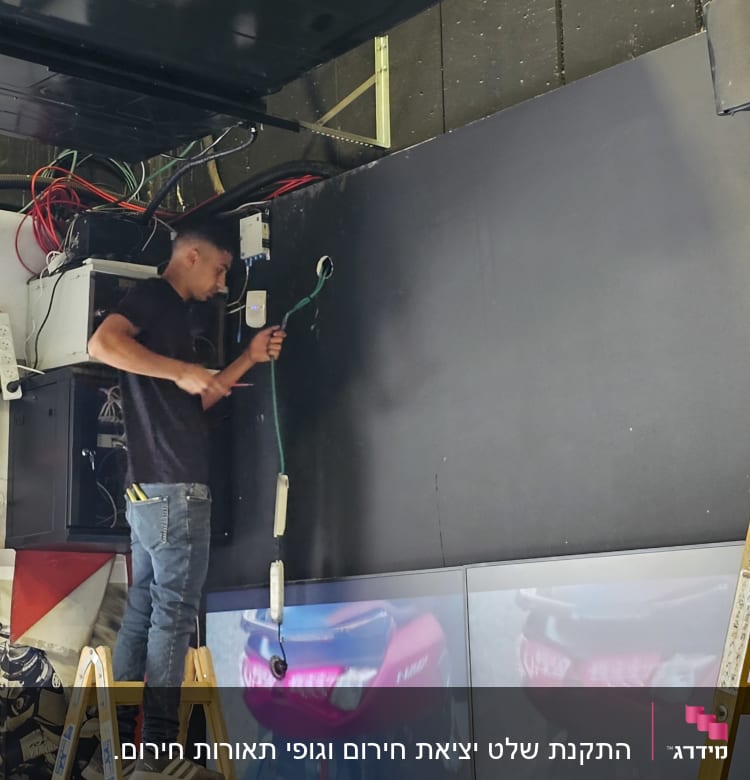 חשמלאי עובד עם כבלים על סולם ליד לוח חשמל